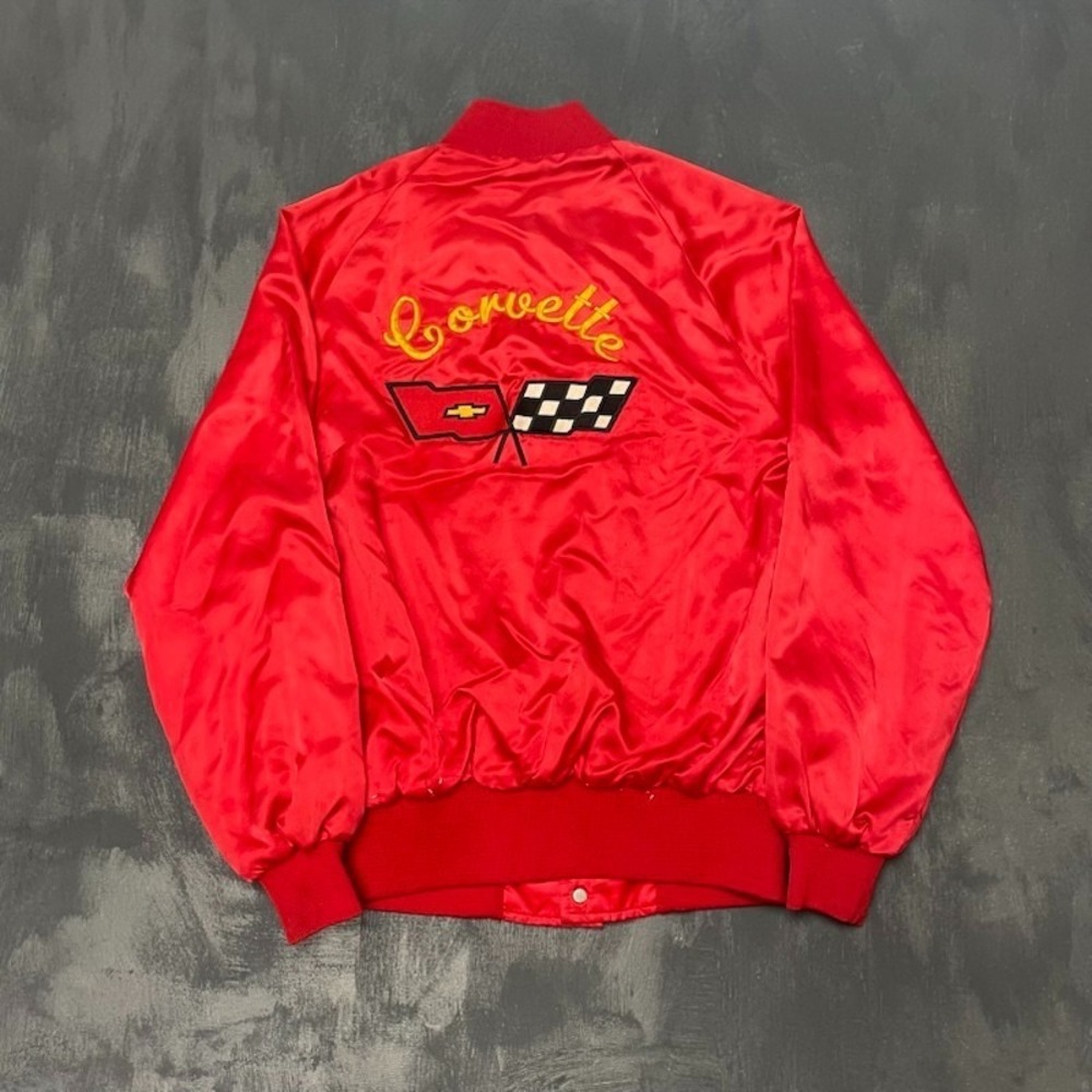 vintage Chevrolet bomber Jacket mens Medium red 1980s USA Racing flag logo